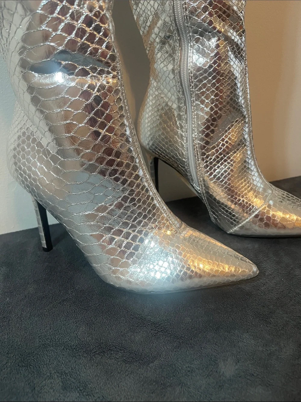 Silver Snake-Embossed Knee-High Pointed Toe Boots SZ 7.5